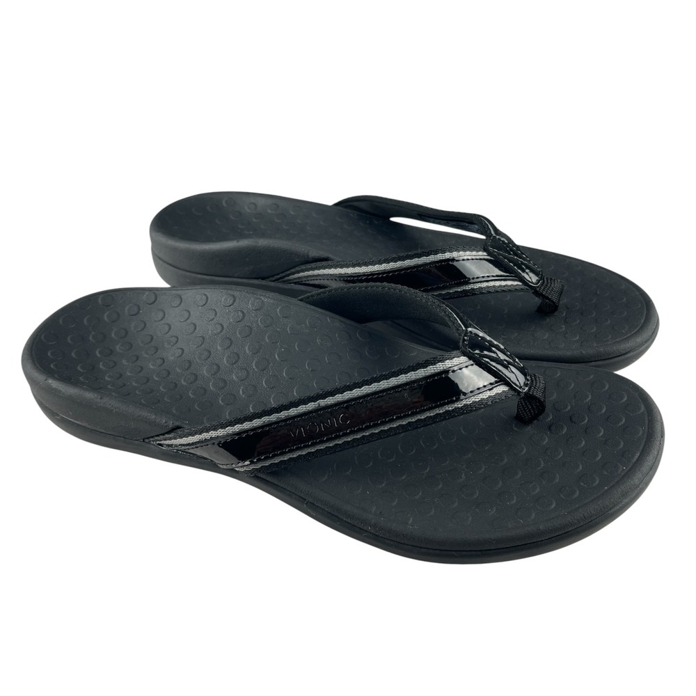 Vionic Tide Sport Women's Flip Flop Thong Sandals 8 Black Patent Leather Comfort